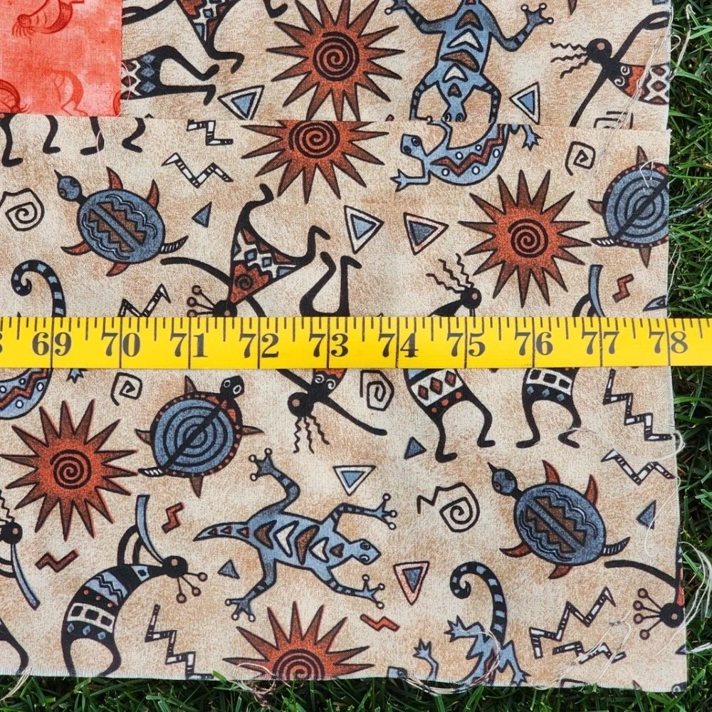 Handmade Southwest Kokopelli Log Cabin Quilt Top Blue Orange 78x106 Unfinished